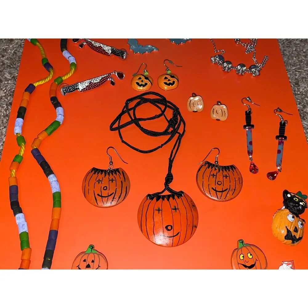 Halloween Costume Jewelry Lot Pumpkin Skull Bat Knife Witch Earrings Necklace